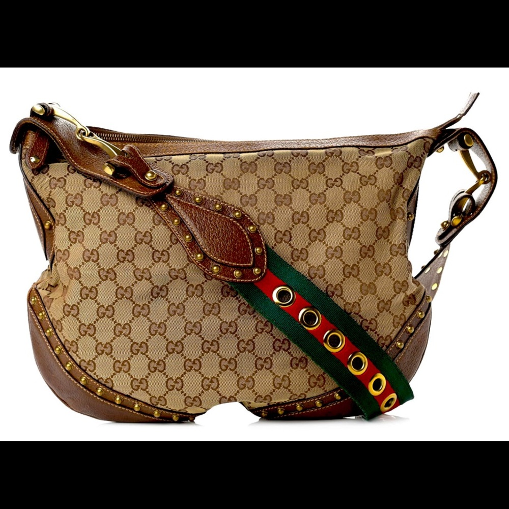 Authentic Brown Gucci Large Pelham Half Moon Shoulder Bag with Gold Studs